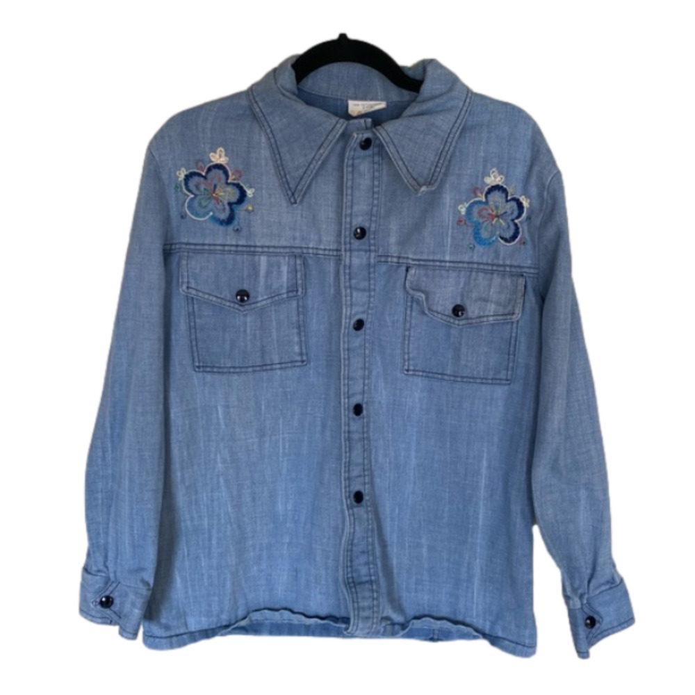Vintage Chambray Floral Embroidered Shirt